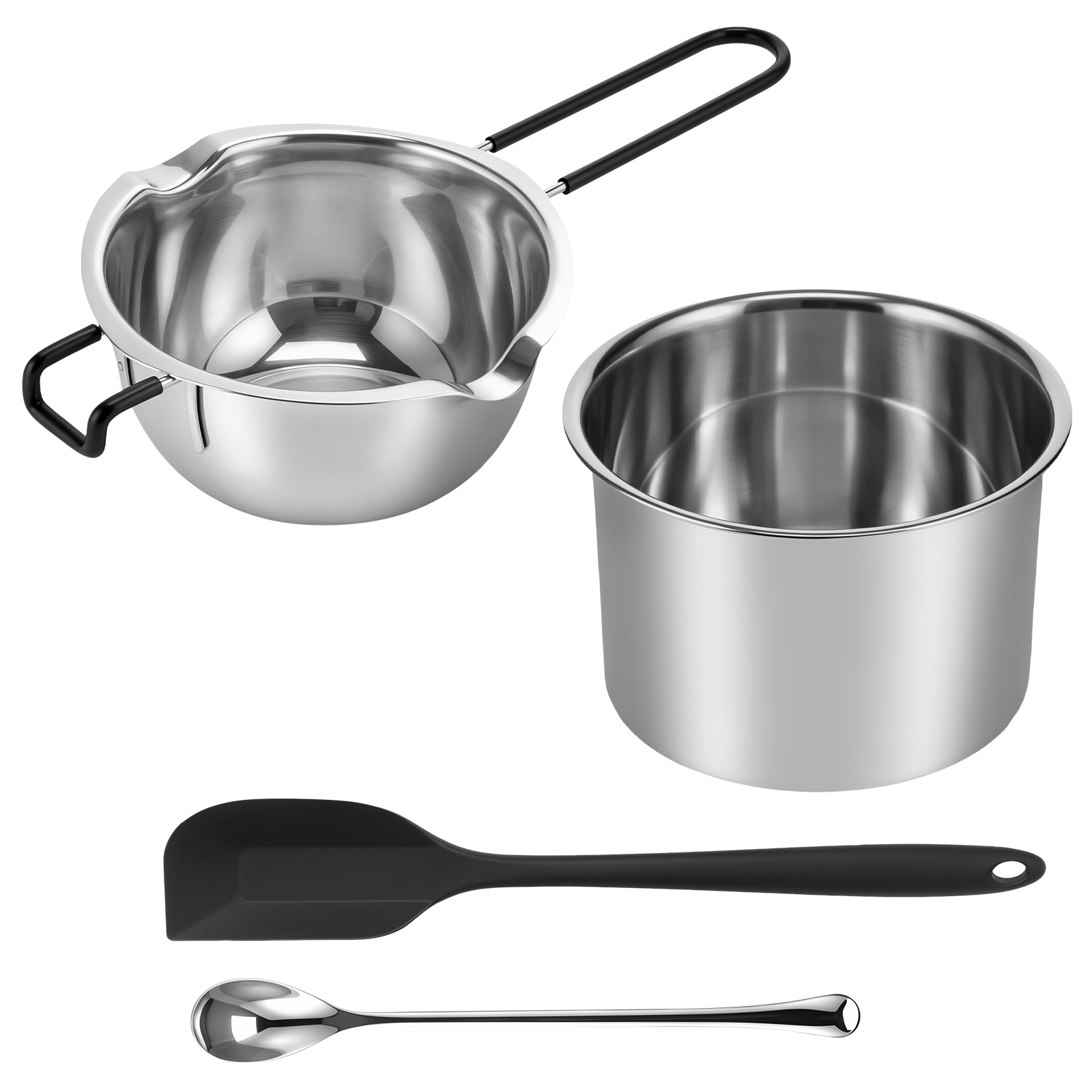 FUYGRCJ 4PCS Double Boiler Pot Set, Stainless Steel Melting Pot, 600ML+1400ML Large Capacity with Silicone Spatula for Melting Chocolate, Candy, Soap, Wax, Butter, Candle Making