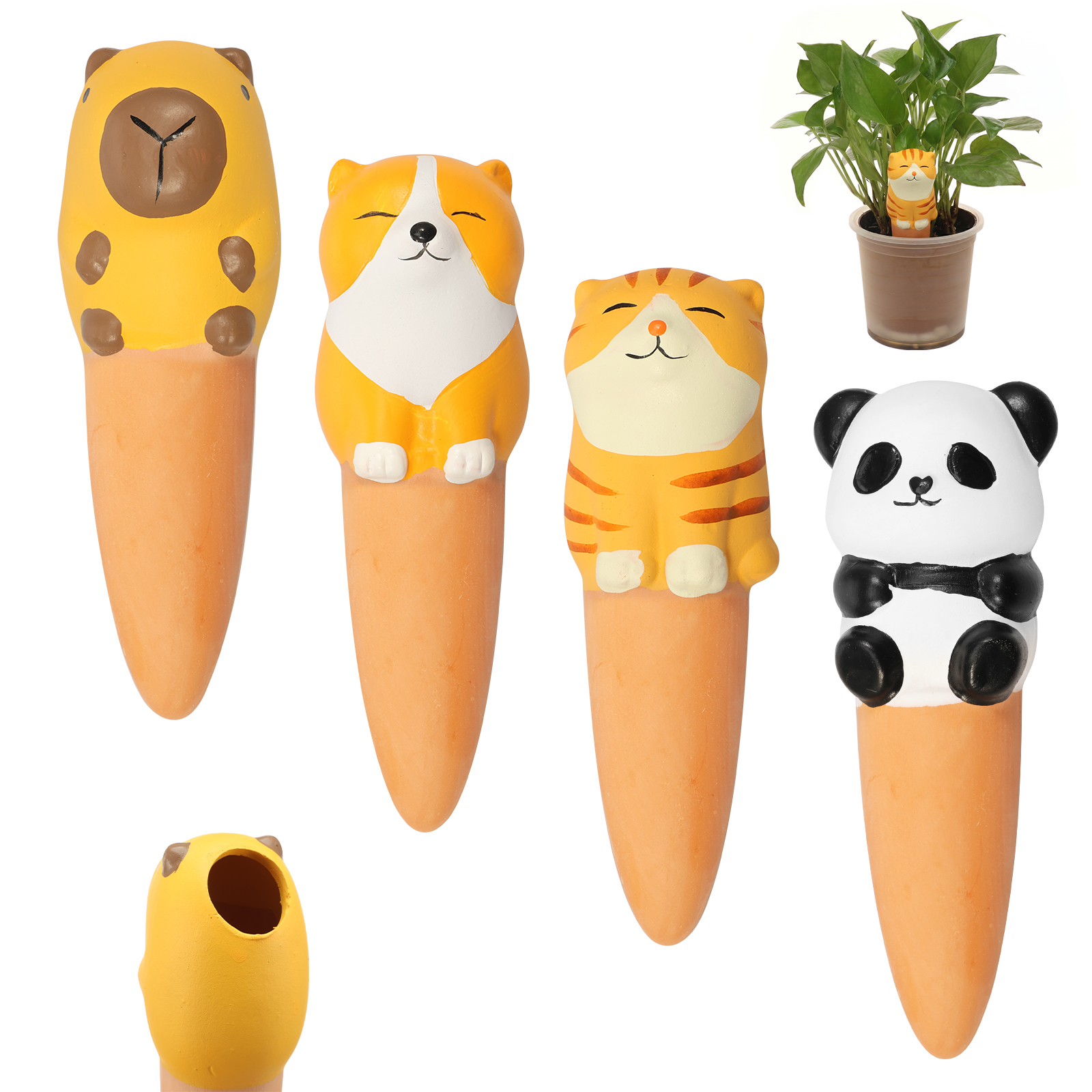 FUYGRCJ 4 Pack Self Watering Spikes, Terracotta Plant Watering Globes, Cute Animal Shaped Automatic Clay Drip Irrigation Stakes for Indoor and Outdoor Pots