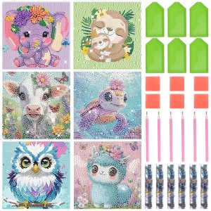 Keyohome Diamond Art Kits for Kids,Diamond Painting Kits for Beginners,6 Pack Cartoon Animals Diamond Dot Art for Adults,Full Drill Big Gem Art for Home Decoration,6.7" x 6.7"