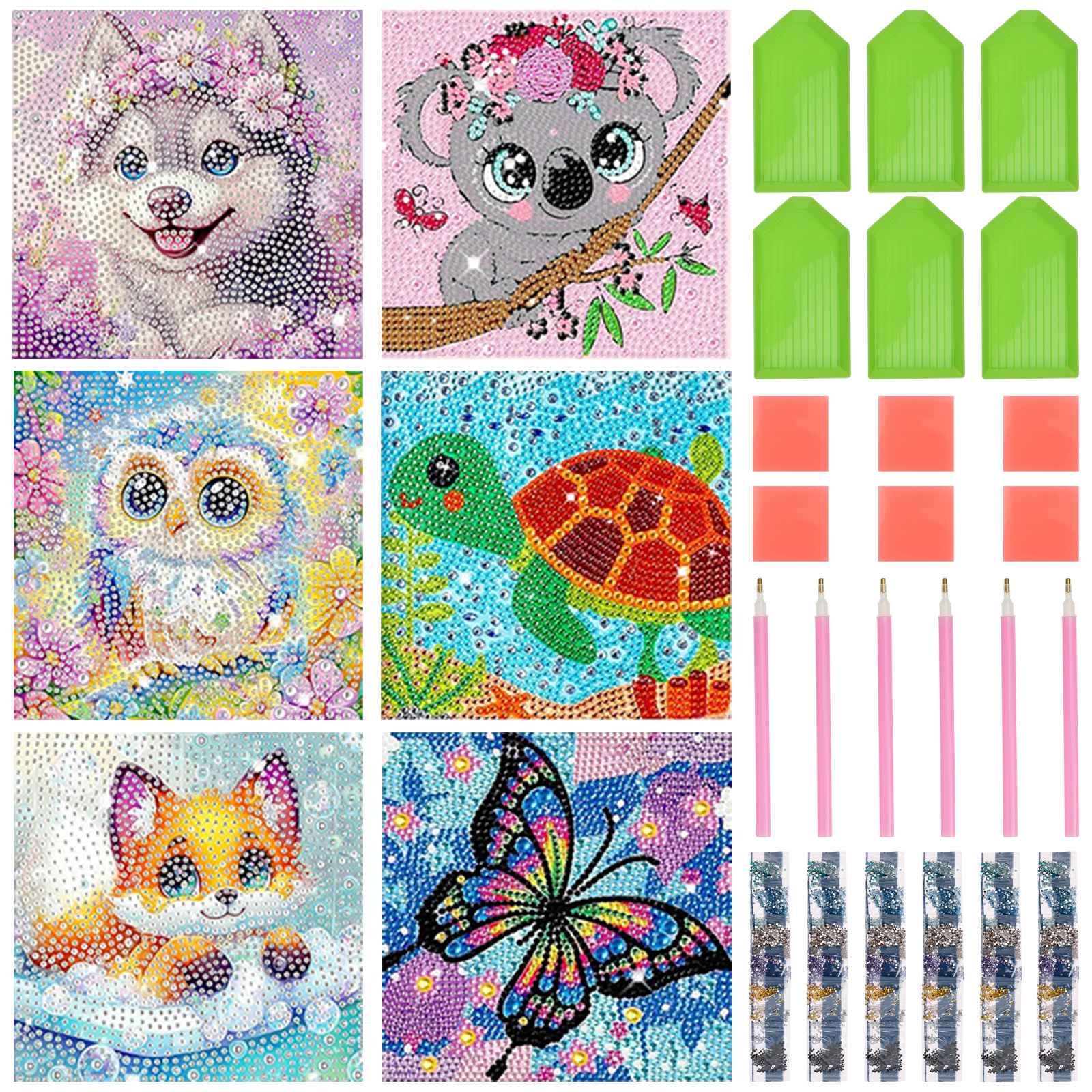 Keyohome Diamond Art Kits for Kids,Diamond Painting Kits for Beginners,6 Pack Cartoon Animals Diamond Dot Art for Adults,Full Drill Big Gem Art for Home Decoration,6.7" x 6.7"