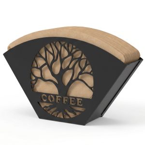 Tzdxfgl Coffee Filter Holder, Metal Coffee Filter Storage Rack with Tree of Life Decor, for Cone and Fan Paper Filters, Countertop Coffee Bar Accessories Organizer with Iron Fan Shape for Home Office