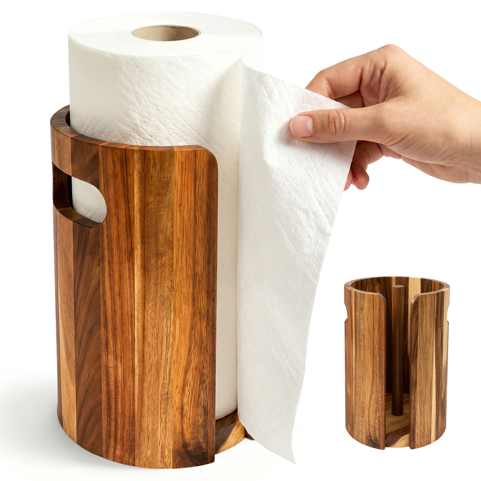 Tzdxfgl Wood Paper Towel Holder for Kitchen Countertop, Acacia Wooden Kitchen Towel Holder with Splash Guard, with Handles & Weighted Non-Slip Base, Standing Paper Towel for Bathroom, Apartment, RV