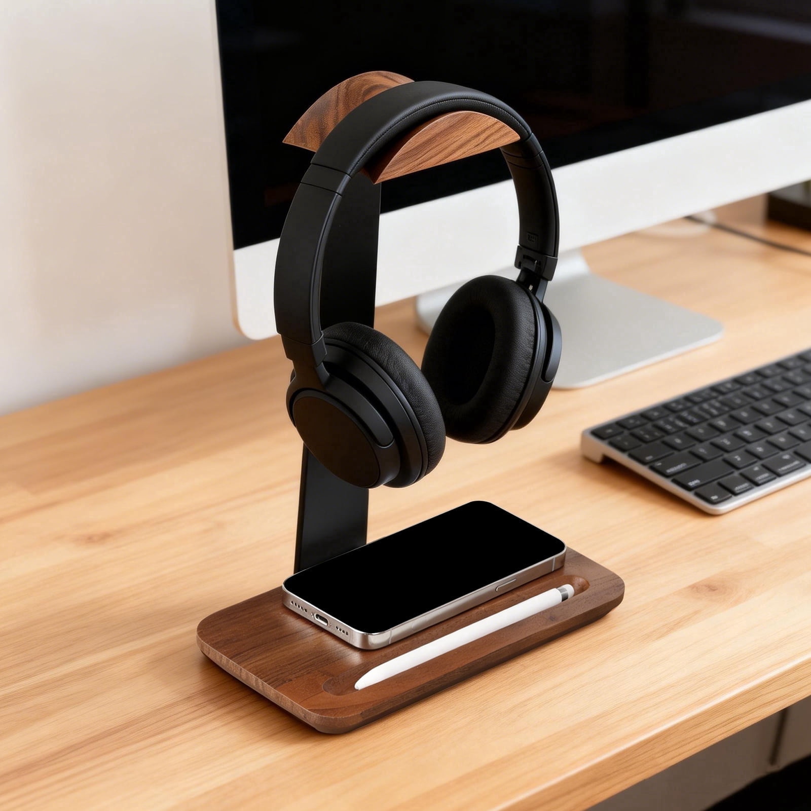 Lzvxtym Walnut Wood Headphone Stand with Storage Base,Headset Holder for Desk Office and Gaming Setup,8.46 x 4.33 x 10.23 inches