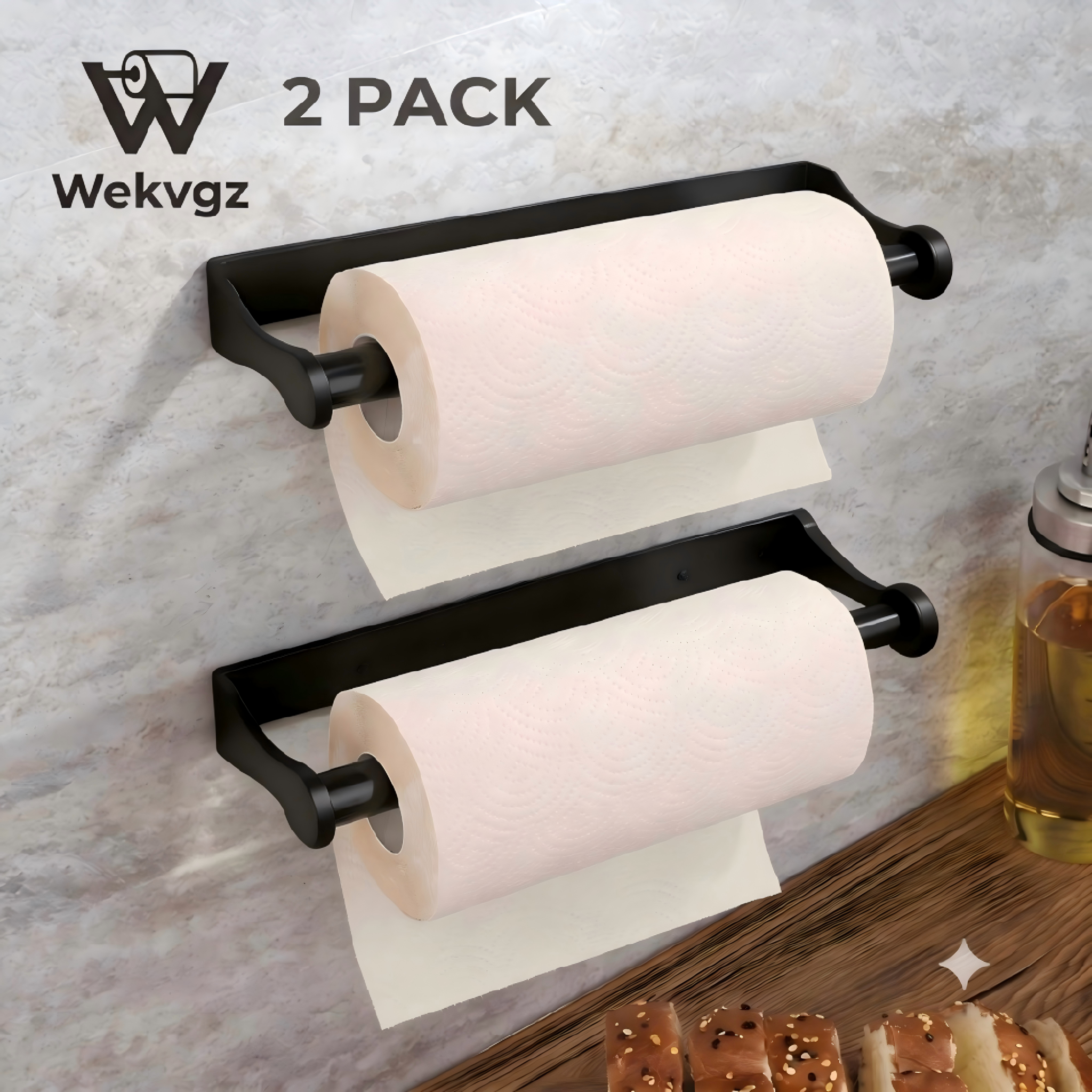 2Pcs Under Cabinet Toilet Paper Towel Holder, Heavy Duty Stainless Steel Wall Mount Rack, Fits Jumbo Rolls, Adhesive or Screw Installation, Black