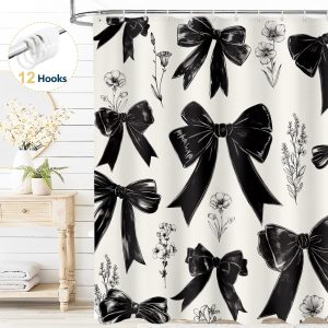 Dznils Black Bow Shower Curtain with Hooks, Modern Aesthetic Fabric Bathroom Curtain, 72" x 72"
