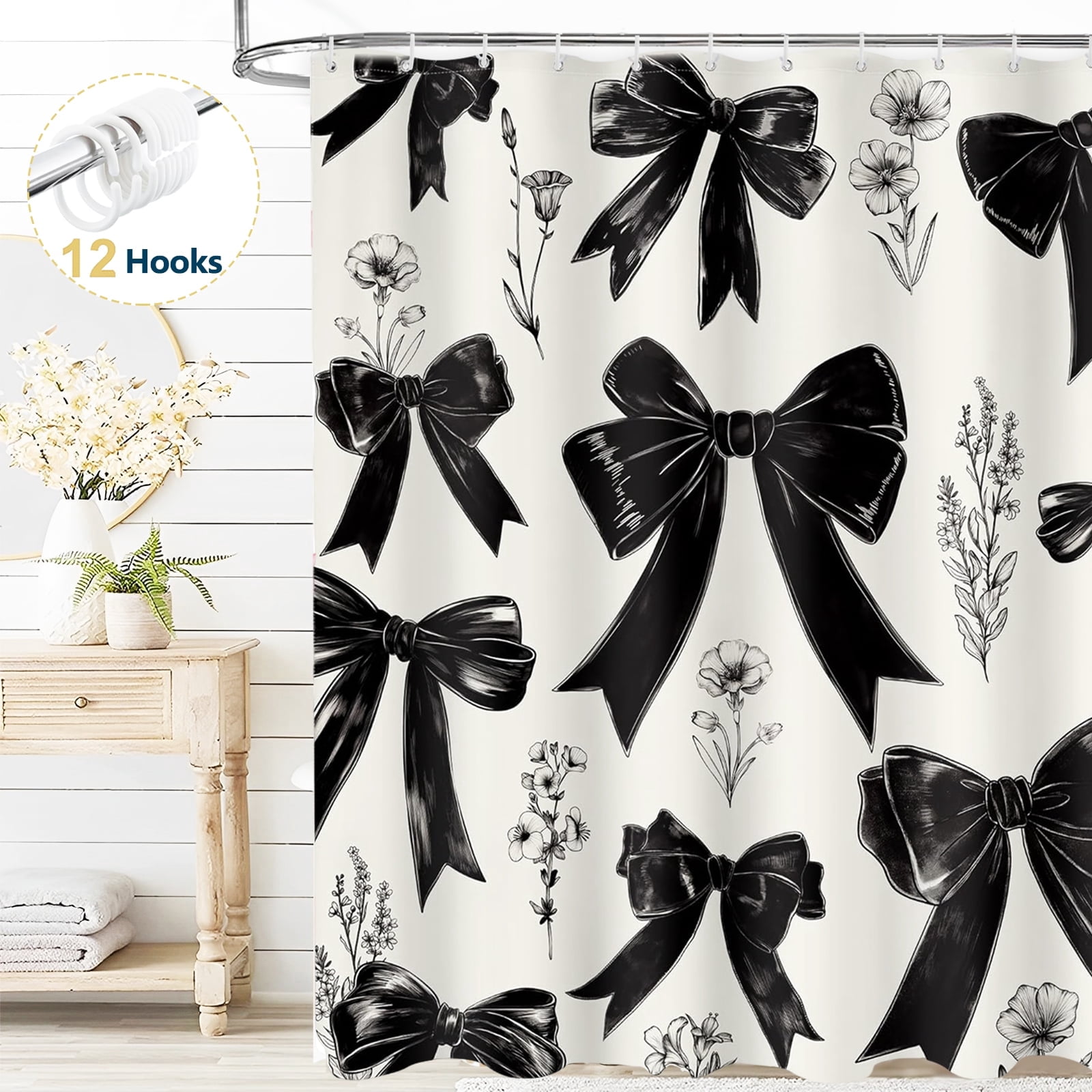 Dznils Black Bow Shower Curtain with Hooks, Modern Aesthetic Fabric Bathroom Curtain, 72" x 72"