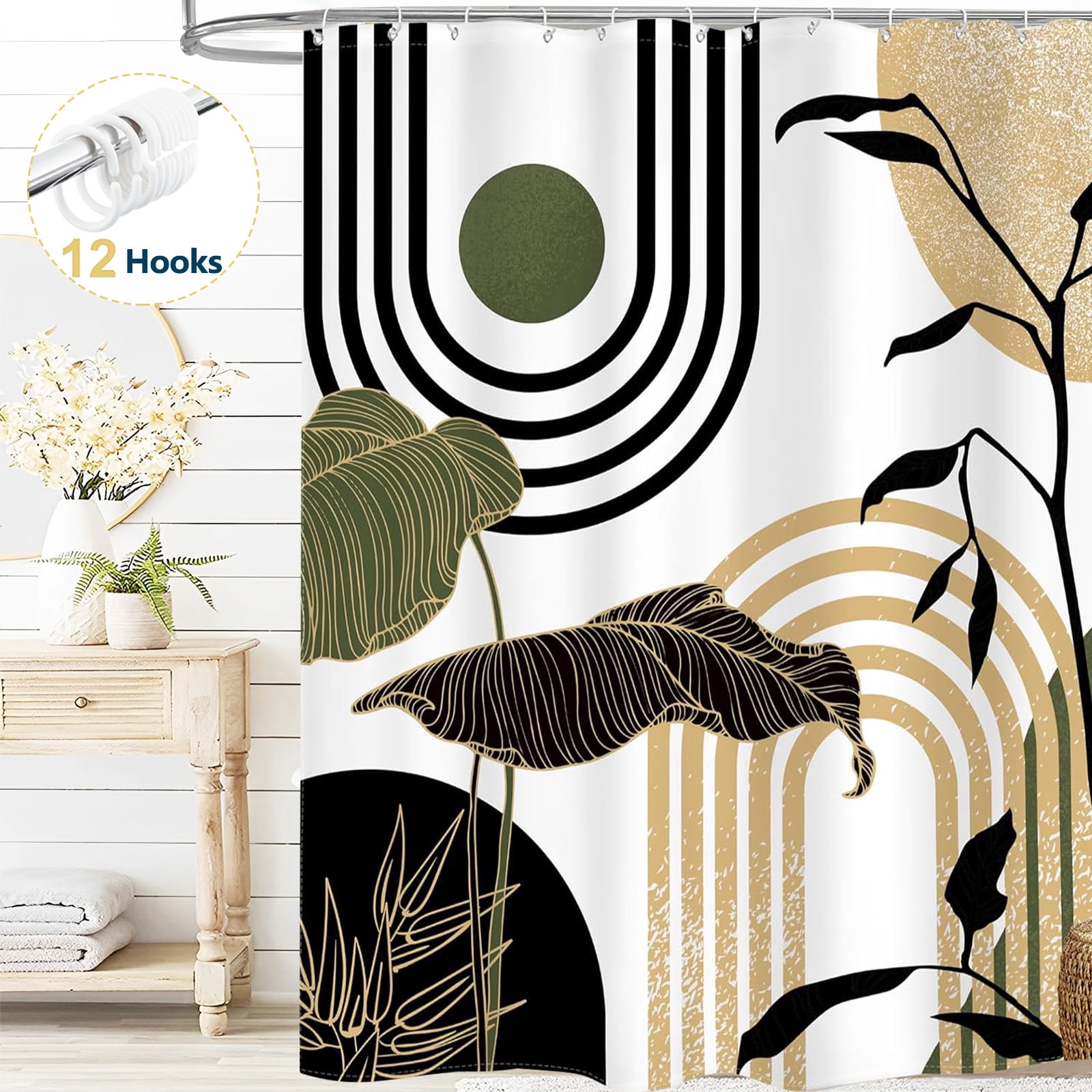 Dznils Boho Shower Curtain with Hooks, Modern Abstract Fabric Bathroom Curtain, 72" x 72", Black