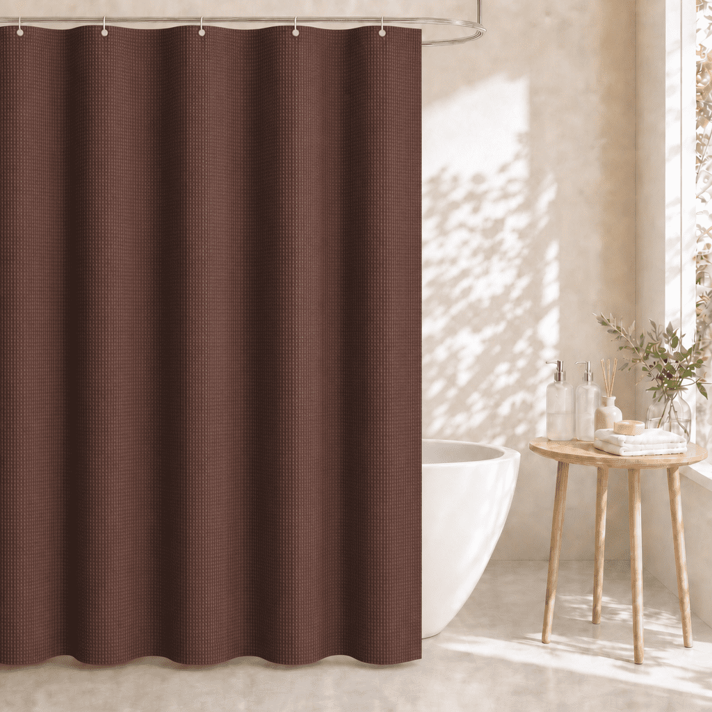 Dznils Waffle Shower Curtain with Hooks, Thick Weighted Fabric Bathroom Curtain, Brown, 72" x 72"
