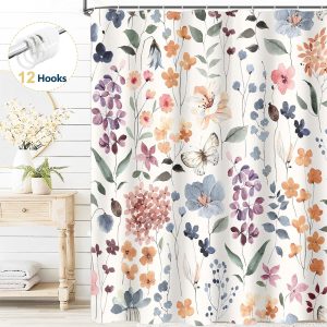 Dznils Floral Shower Curtain with Hooks, Modern Watercolor Fabric Bathroom Curtain, Blue, 72" x 72"
