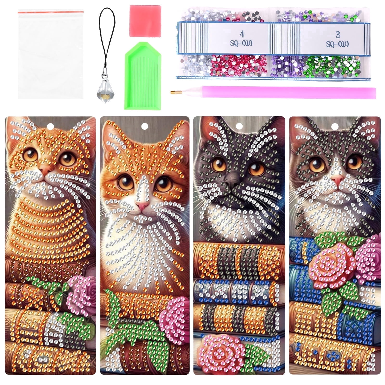 Lzvxtym 4 Pcs Diamond Painting Bookmark Kit,Diamond Art Bookmark with Pendants and Full Tools,Creative Craft Gifts for Book Lovers,Cat Pattern
