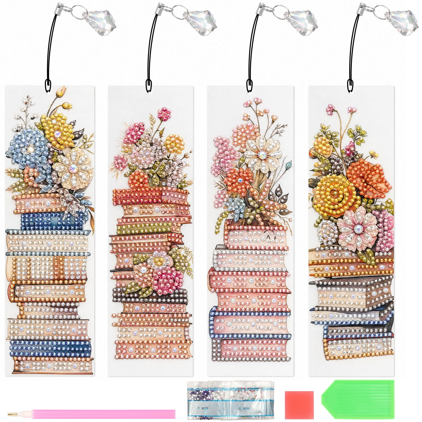 Lzvxtym 4 Pcs Diamond Painting Bookmark Kit,Diamond Art Bookmark with Pendants and Full Tools,Creative Craft Gifts for Book Lovers,Book Pattern