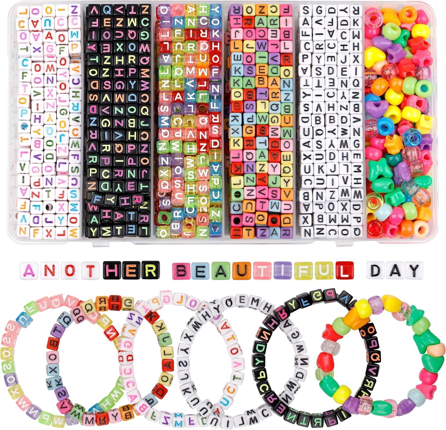Wekvgz 1680pcs Square Letter Pony Beads Kit Set Making Plastic Letter Elastic String Jewelry Making Kit Friendship Bracelet Kits Kandi Beads DIY Birthday Crafts Gift for Girls 6x6mm (Large Hole)