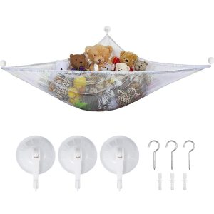 Stuffed Animal Hammock, 70" Jumbo Toy Hammock with Drill-Free Hooks, White Mesh Corner Squishmallow Net Storage Organizer