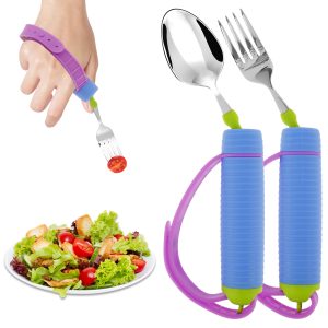 Wekvgz Adaptive Utensils for Hand Tremors, 360 Rotatable Spoon and Fork Set with Adjustable Strap for Parkinson's & Disability