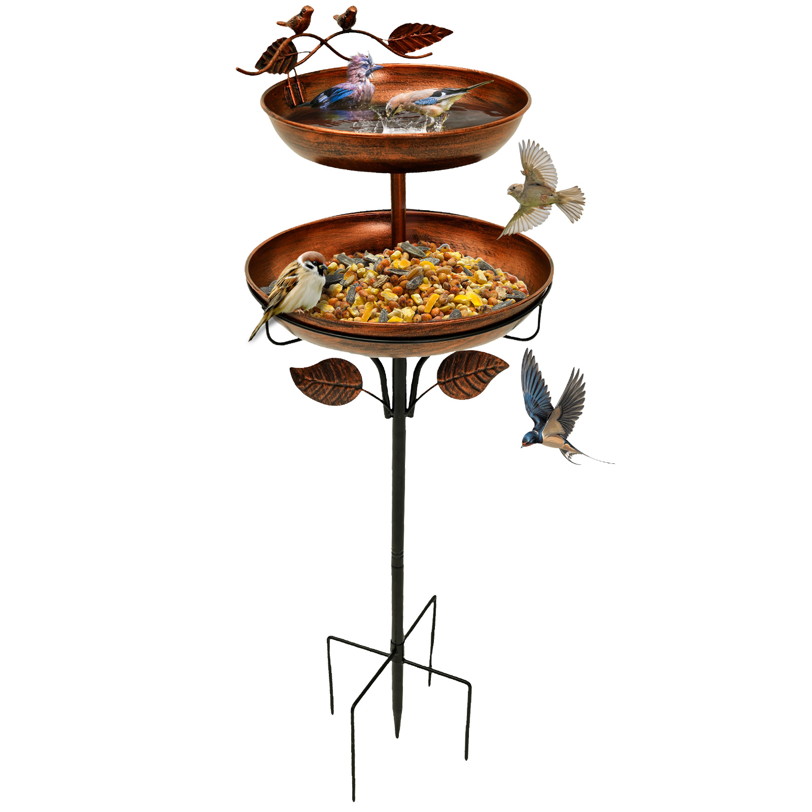 36 Inch Metal Bird Bath for Outdoors, 2-in-1 Freestanding Bird Feeder Bowl with 5-Pronged Base for Garden Yard
