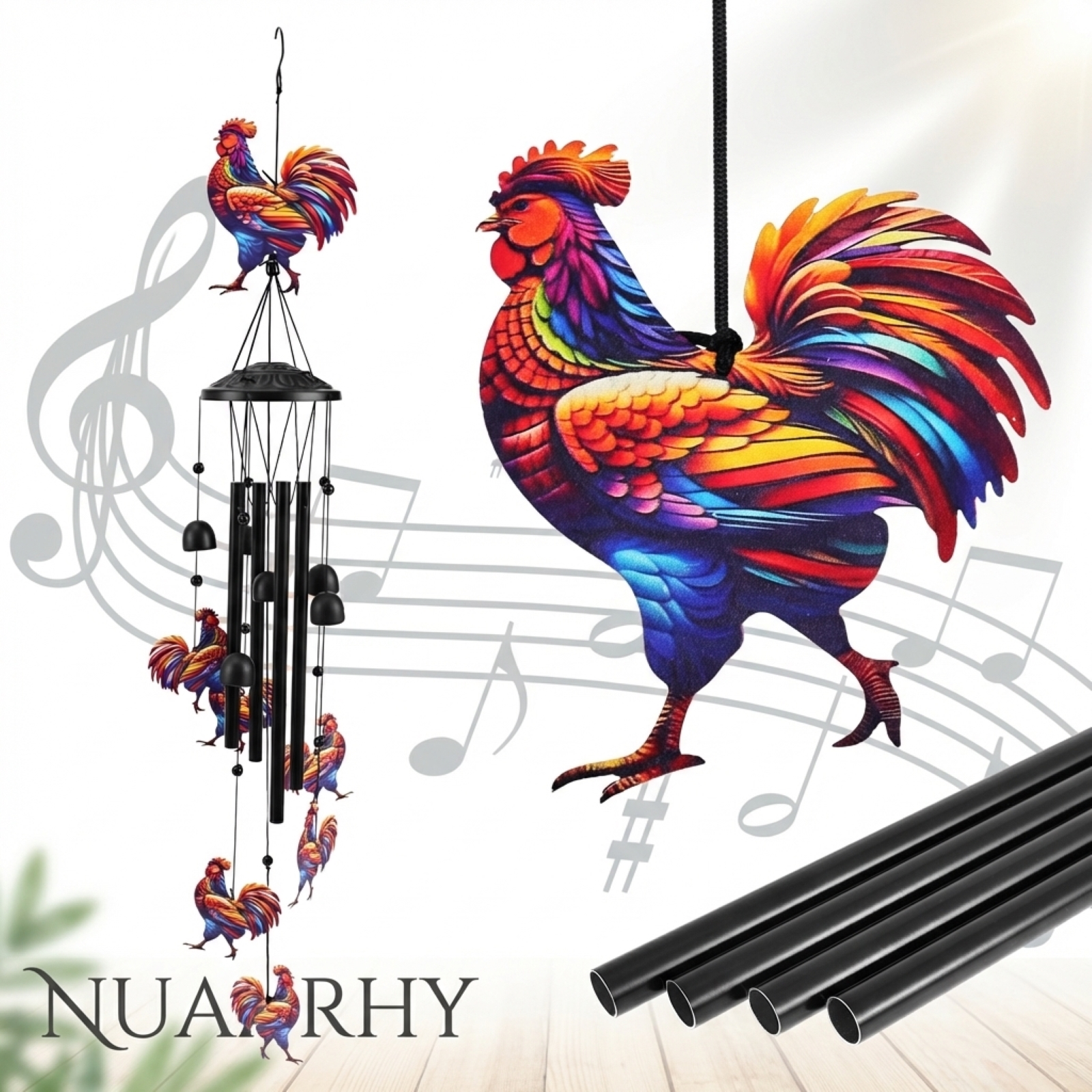 Chicken Wind Chimes for Outside, 35" Black Metal Windchime, Memorial Yard Decor Gifts for Women