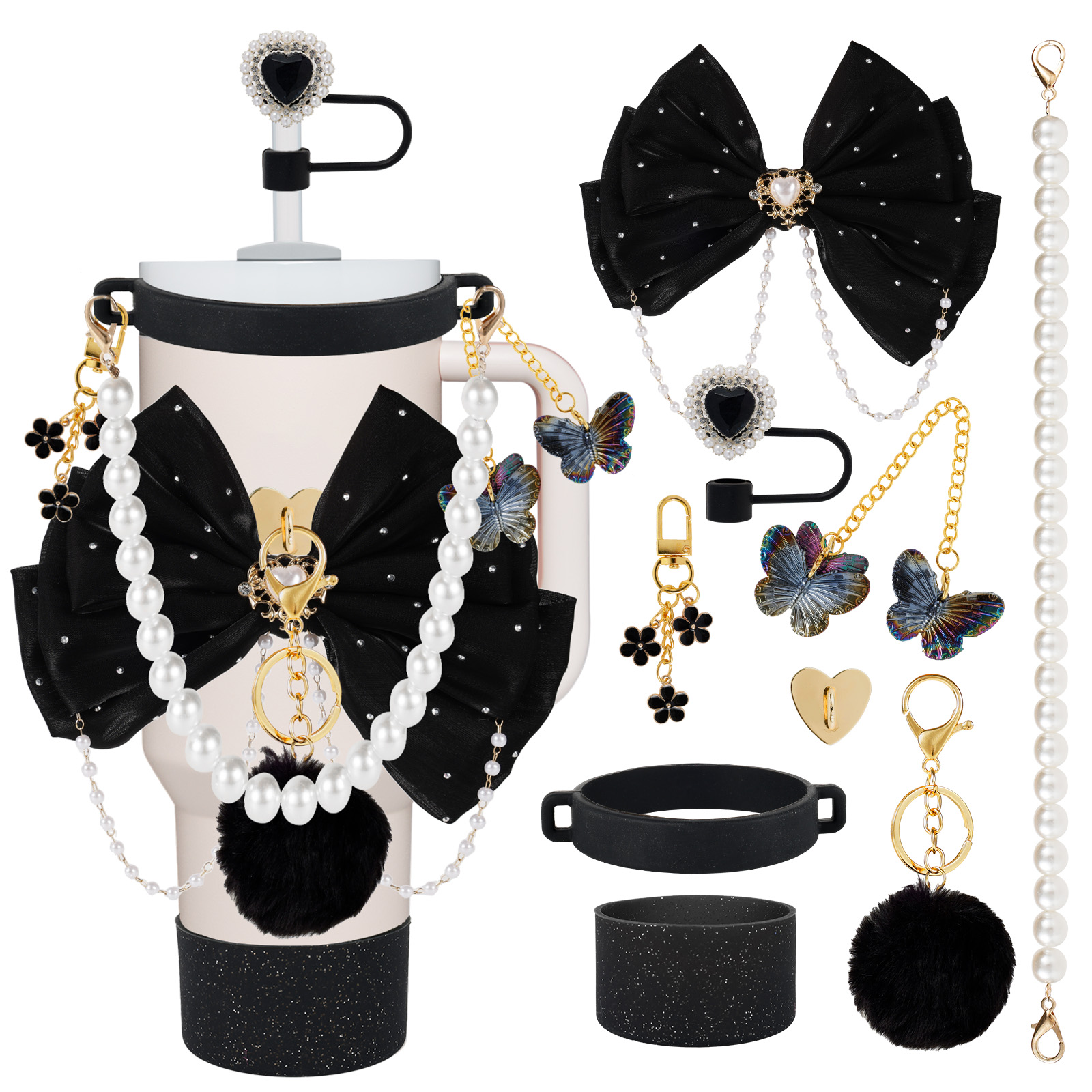 Tumbler Accessories Set Compatible with Stanley 40 oz 30 oz, 9 PCS Black Cup Decor Kit with Silicone Boot, Bow Straw Topper, Handle Charms