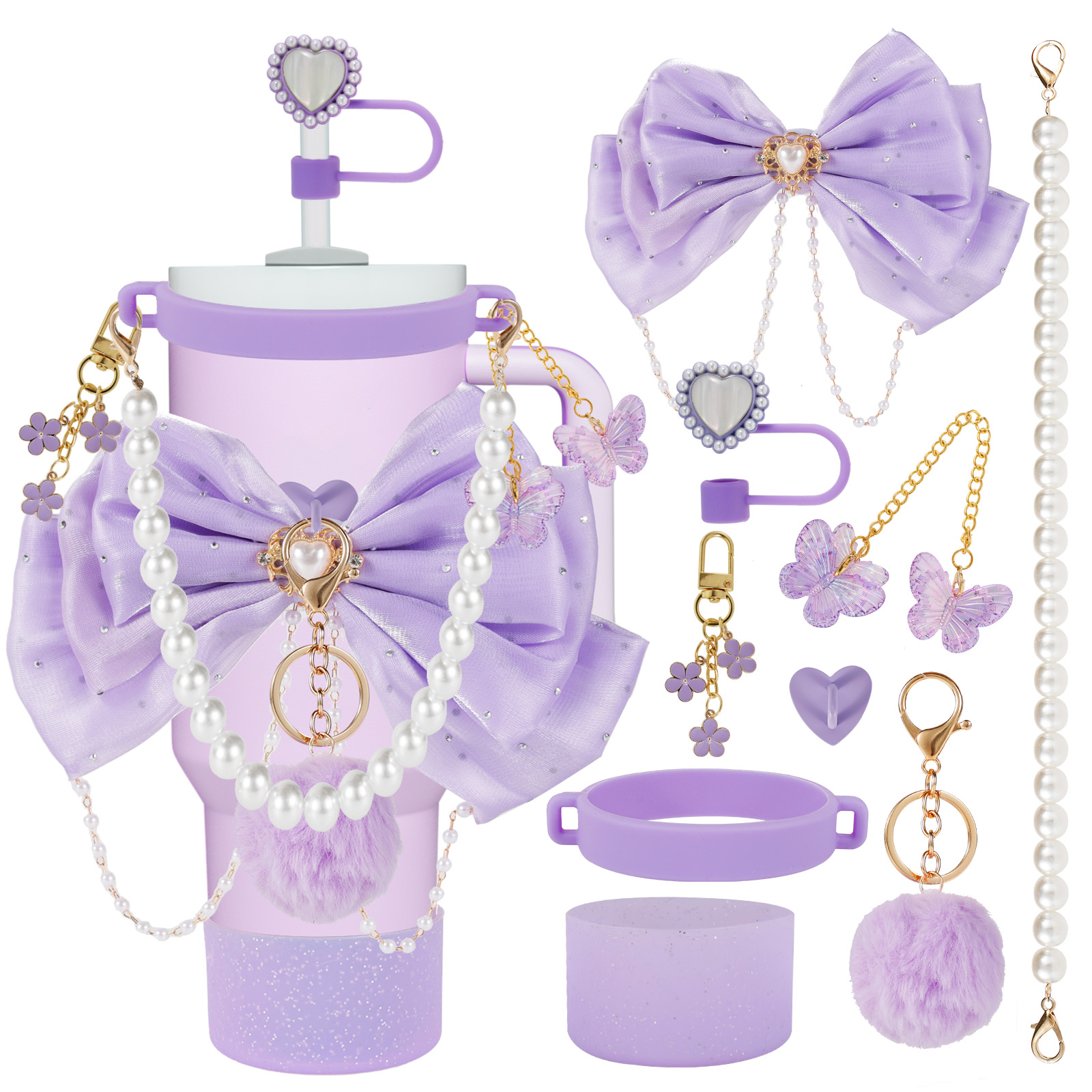 Tumbler Accessories Set Compatible with Stanley 40 oz 30 oz, 9 PCS Purple Cup Decor Kit with Silicone Boot, Bow Straw Topper, Handle Charms