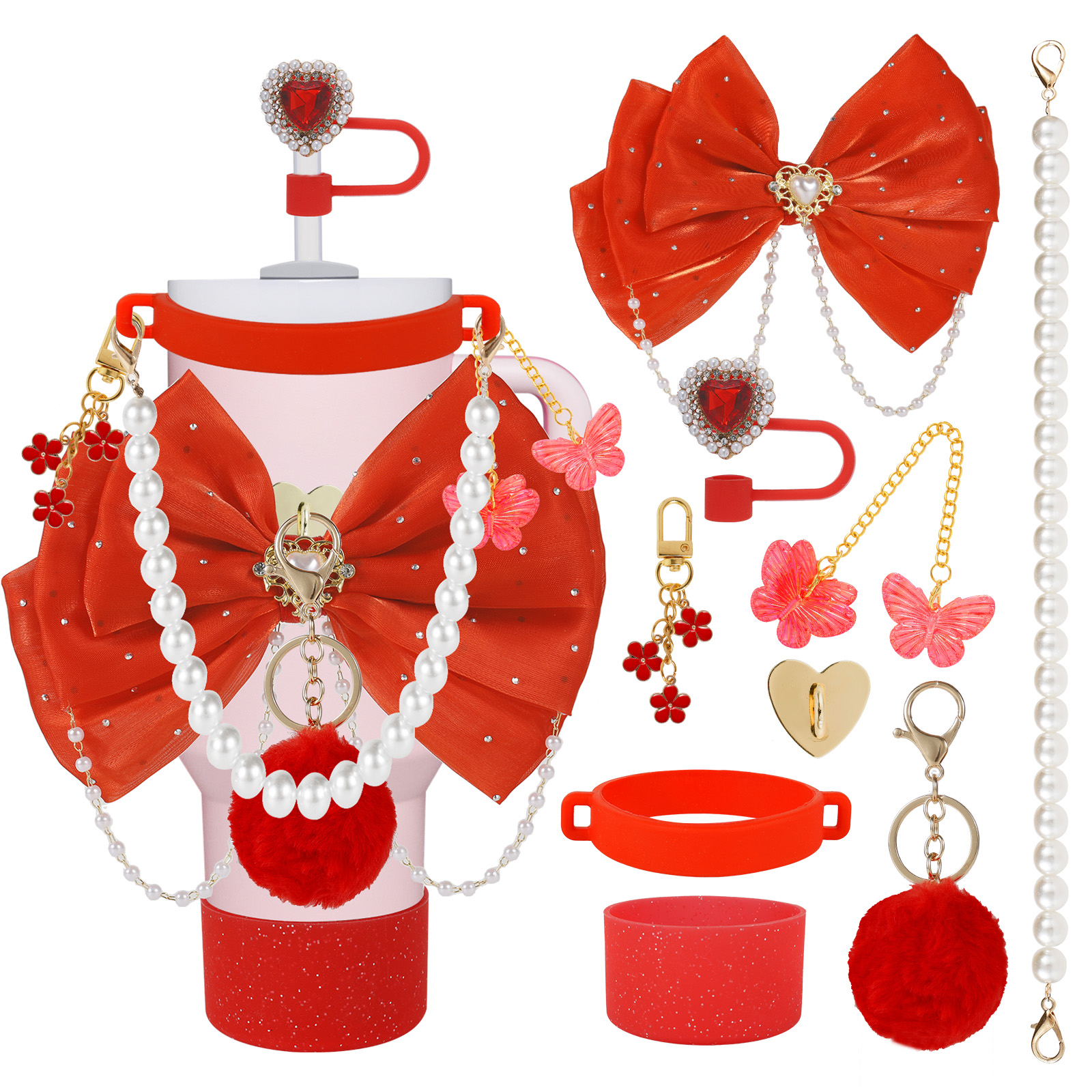 Tumbler Accessories Set Compatible with Stanley 40 oz 30 oz, 9 PCS Red Cup Decor Kit with Silicone Boot, Bow Straw Topper, Handle Charms