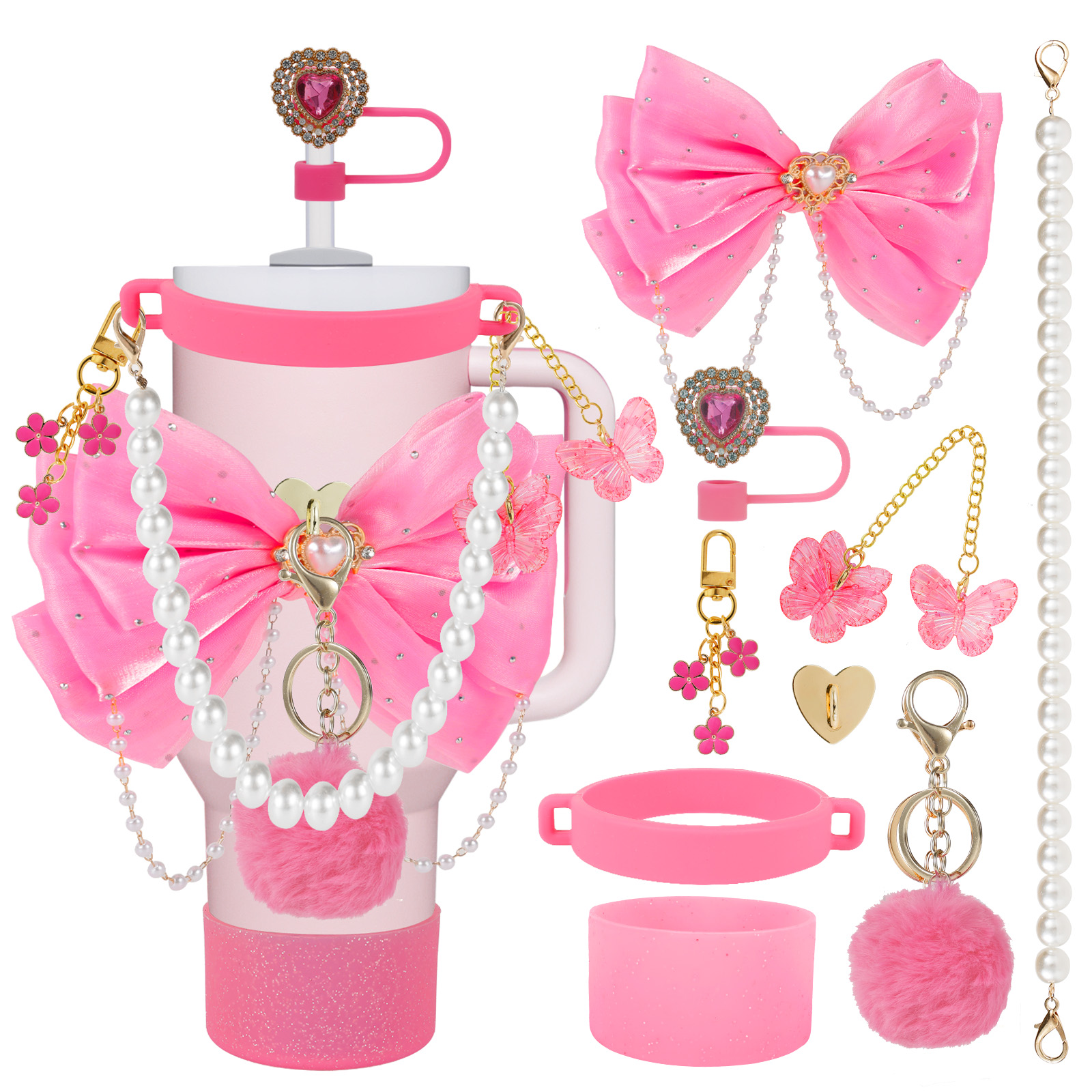 Tumbler Accessories Set Compatible with Stanley 40 oz 30 oz, 9 PCS Rose Pink Cup Decor Kit with Silicone Boot, Bow Straw Topper, Handle Charms