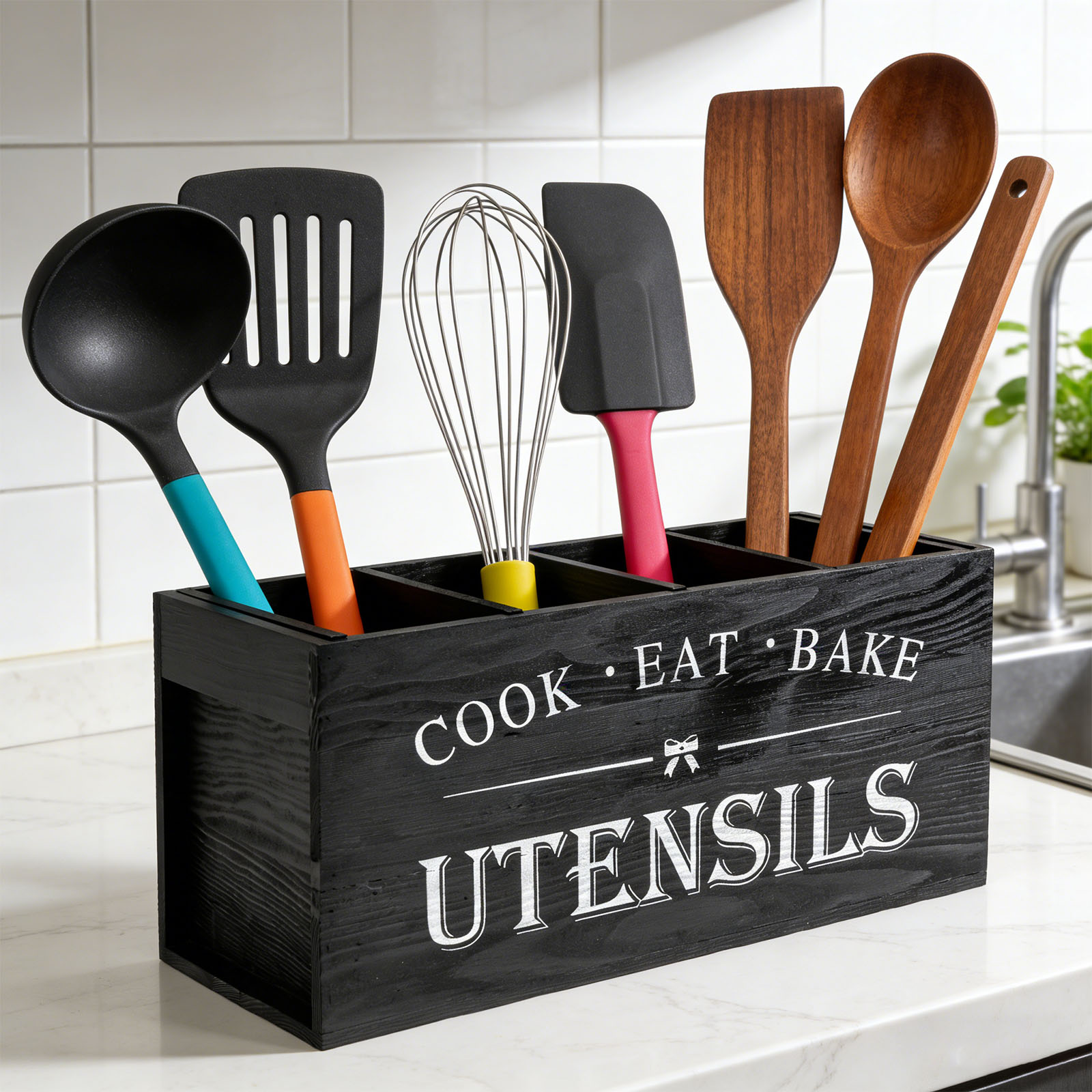 FUYGRCJ Kitchen Utensil Holder with 4 Compartments, 15.6 x 7 x 5.8 inch Extra Large Wooden Utensil Organizer for Countertop, Removable Divider Storage Caddy for Cooking Spatula Spoon