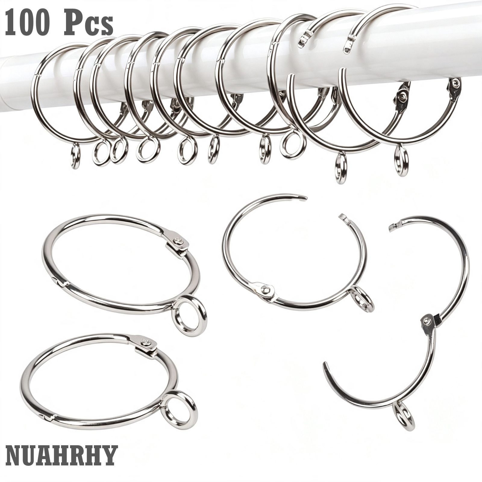 100 Pcs Openable Curtain Rings with Eyelets, 1.5 Inch Shower Curtain Ring, Silver Metal Drapery Rings for Pinch Pleat