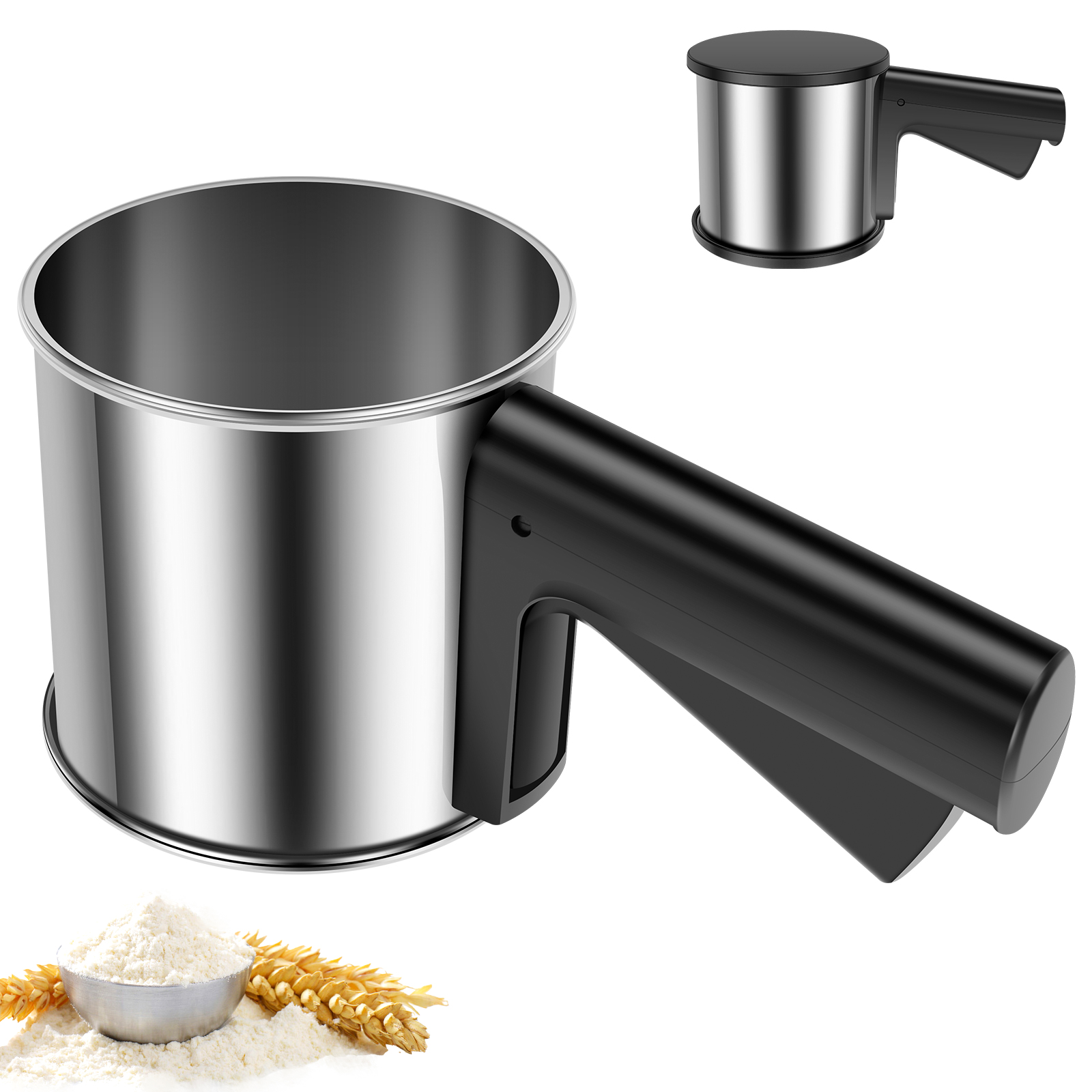 FUYGRCJ 3 Cup Flour Sifter, Stainless Steel Handheld Strainer Sifter with Fine Mesh Screen, Hand Crank Squeeze Sieve with Top & Bottom Cover Lids for Flour Powdered Sugar Cake Baking