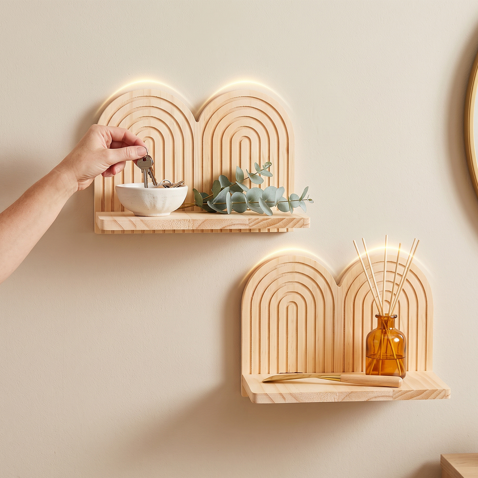 FUYGRCJ 2 Pack Boho Floating Shelves, Decorative Solid Wooden Hanging Shelves, Trinket Plant Storage Rack for Bedroom Bathroom Living Room Storage Display