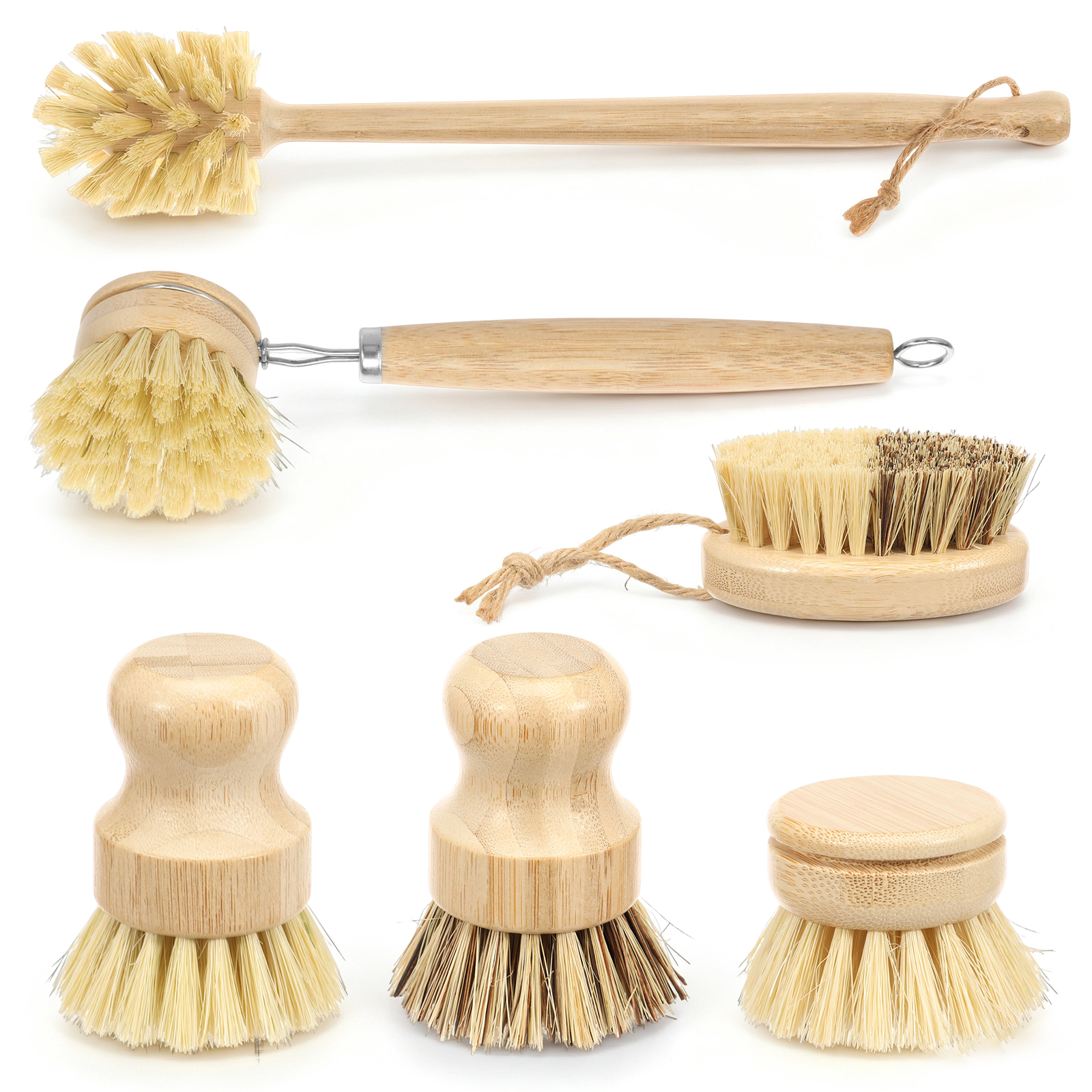 AEVXKHI 6 Pack Bamboo Dish Brush Set with Vegetable Scrubber Brush, Natural Dish Scrub Brushes for Kitchen Cleaning Pots and Pans, Long Handle Bottle Cleaning Brush for Bottles and Vegetables