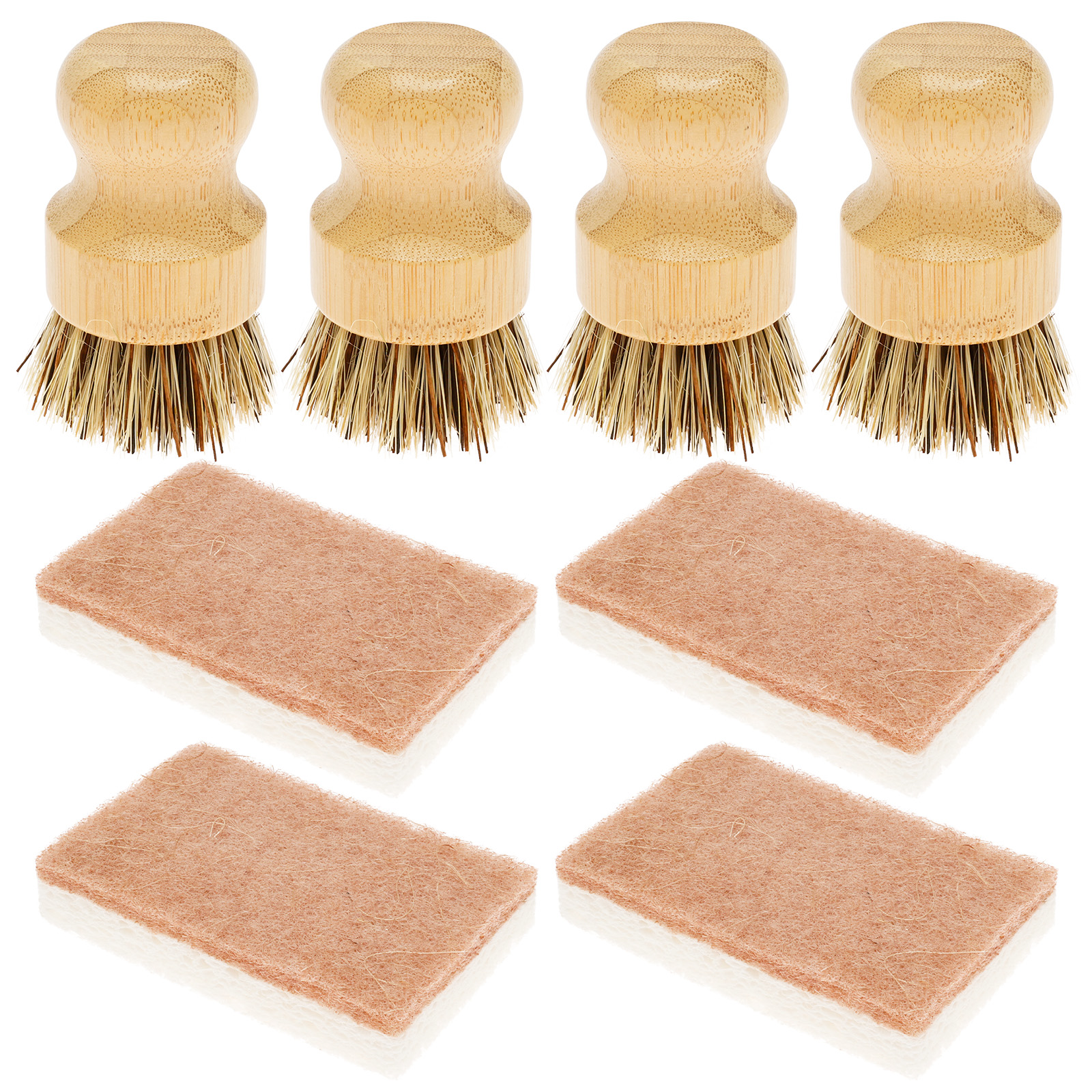 AEVXKHI 8 Pack Bamboo Dish Brush & Sponge Set, Wooden Handle Kitchen Scrub Brushes with Natural Sisal & Palm Fiber Heads, Multi-Purpose Dishwashing Brush for Dishes, Pots, Vegetables