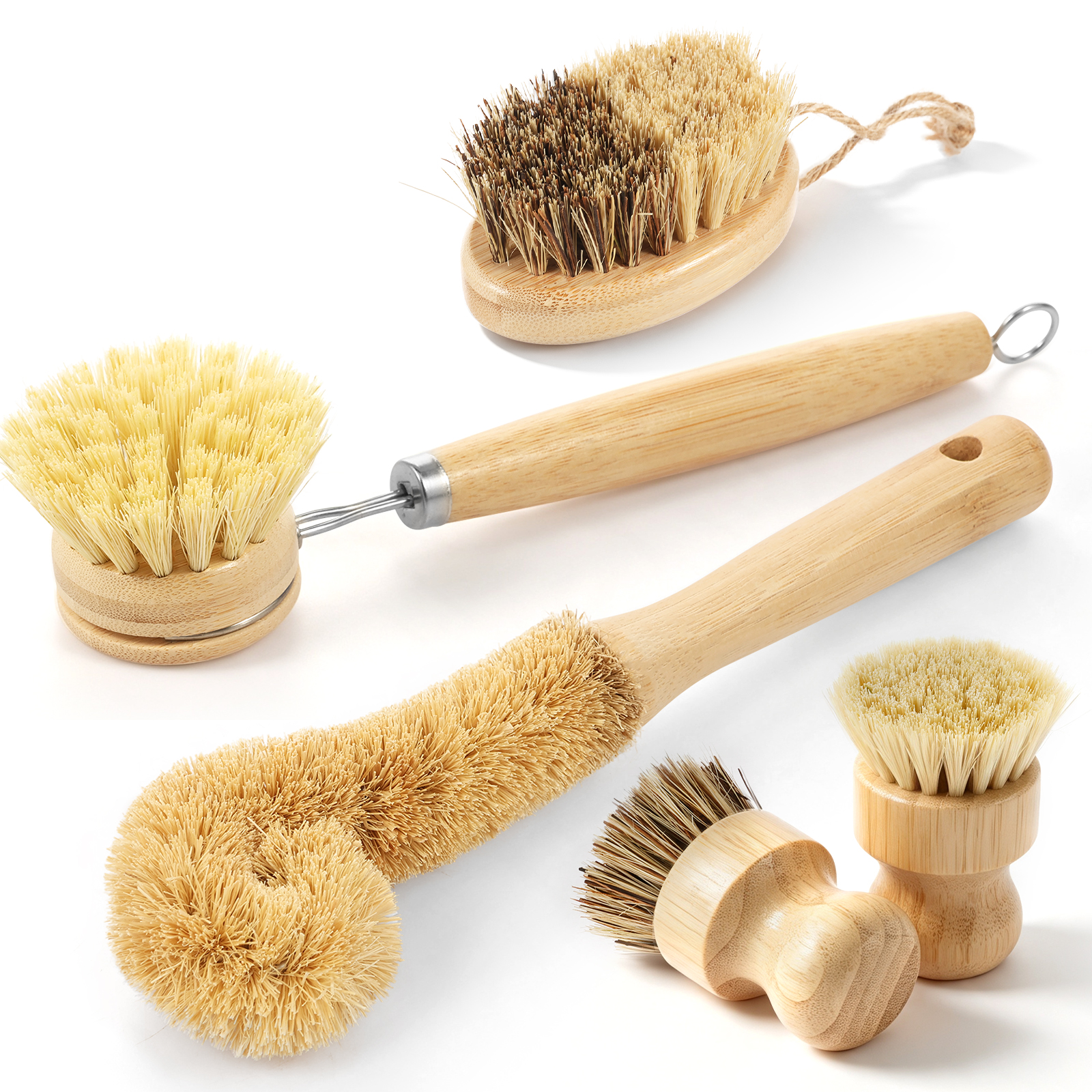 AEVXKHI 5 Pack Bamboo Dish Brush Set, Dish Cleaning Scrubbers, Wooden Dish Brush with Natural Sisal & Palm Fiber, Multi-Surface Kitchen Scrub Brushes for Dishes, Cookware, Bottles & Produce
