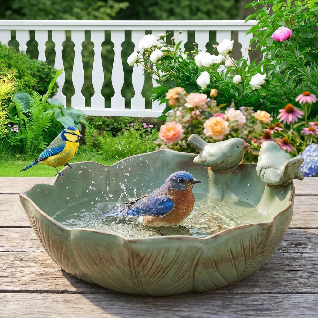 FUYGRCJ Ceramic Bird Bath Bowl for Outside on Ground, 9.6 Inch BirdBath Bowl Only, Ground Bird Feeders and Birdbath Bowl for Outdoors, Garden, Tabletop, Deck, Balcony and Lawn