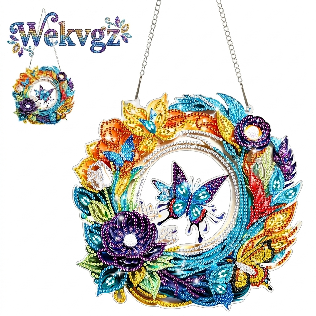 Diamond Art Craft Hanging Kits Double Sided 5D Painting Butterfly Bead Kit For Adults Gemfamily Ornament Clearance Cartoon for Living Room Bedroom Purple Butterfly Wreath