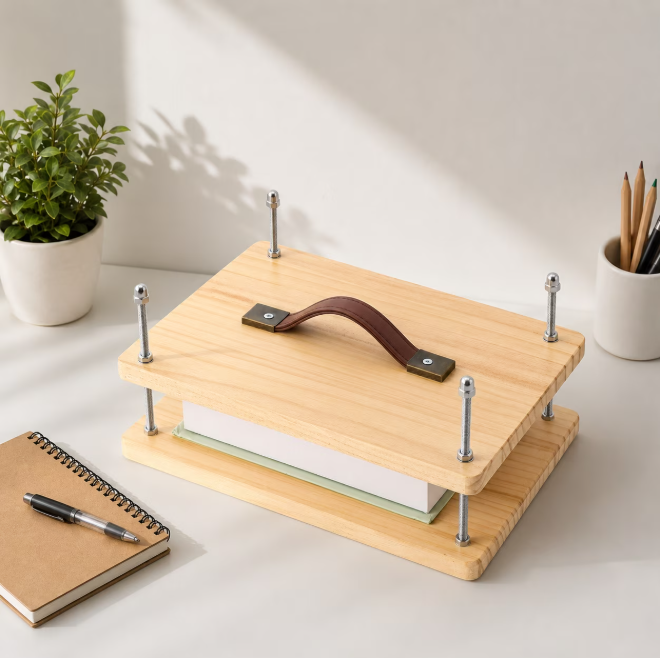 Lzvxtym Flower Press for Dried Flowers and Leaves,11.4 x 7.8 inches Wood Bookbinding Press Tool with Leather Handle and Anti-Slip Pads