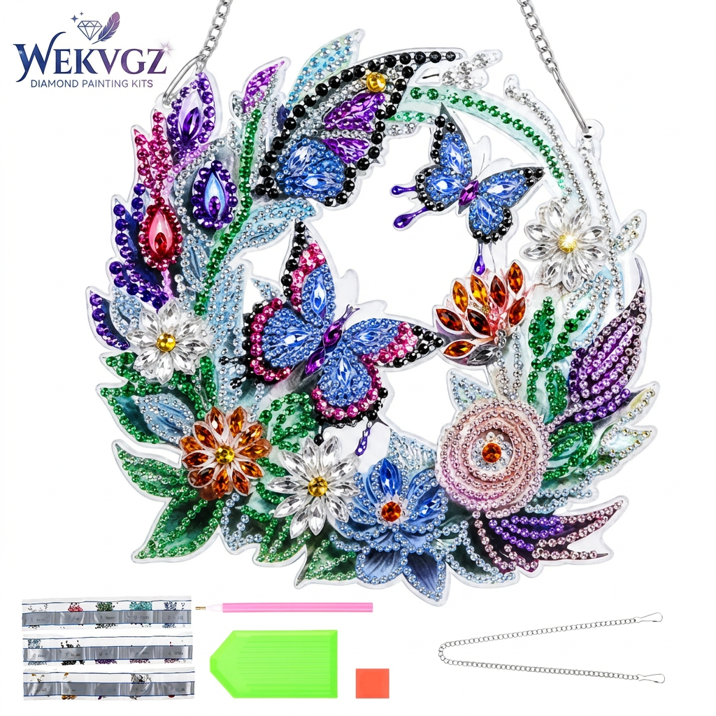 Butterfly Diamond Art Hanging Kit, Acrylic Suncatcher for Window Decor, DIY Gem Painting Pendant for Home, Wall Art Ornament, 7.5 x 7.9 Inches, Wreath Pattern