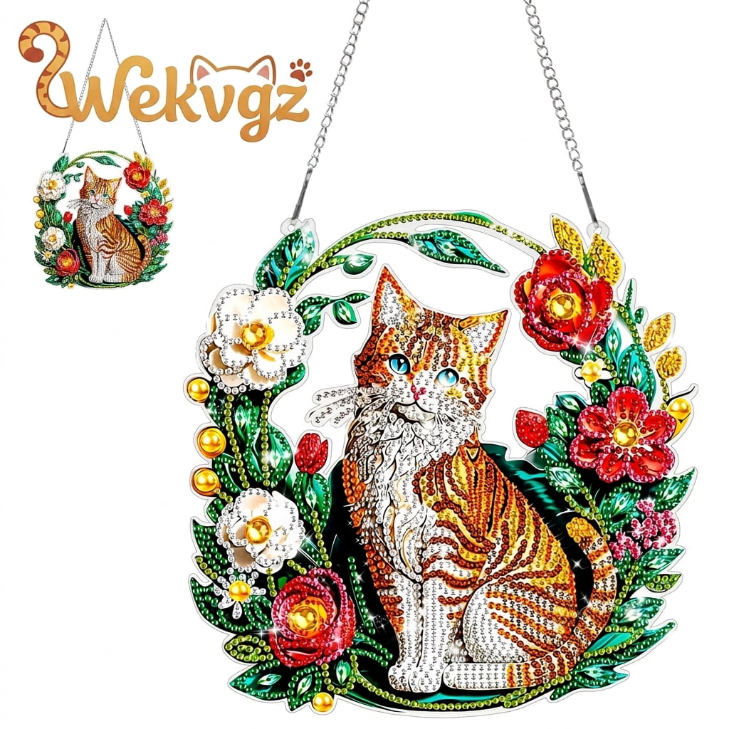 Diamond Art Craft Hanging Kits Double Sided 5D Painting Butterfly Bead Kit For Adults Gemfamily Ornament Clearance Cartoon for Living Room Bedroom Orange Cat