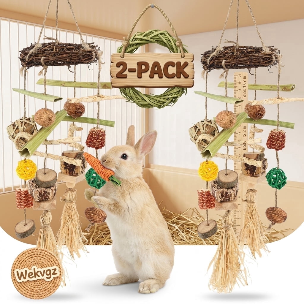 Wekvgz Rabbit Chew Toys, Bunny Chew Toys and Treats, Natural Multi-Texture Cage Hanging Enrichment Toy for Guinea Pig, 2 Pcs