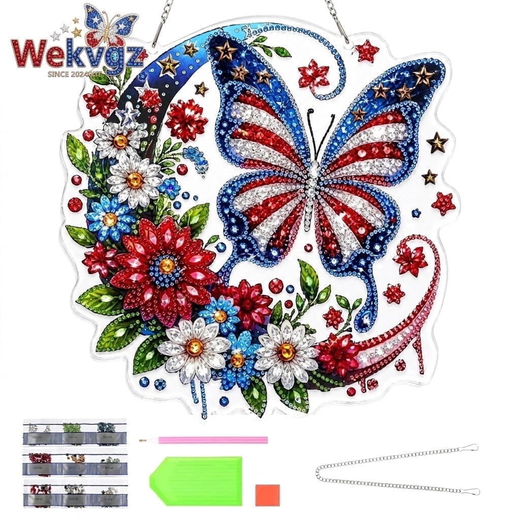 Butterfly Diamond Art Hanging Kit, Acrylic Suncatcher for Window Decor, DIY Gem Painting Pendant for Home, Wall Art Ornament, Moon Pattern, 9.6 x 9.5 Inches