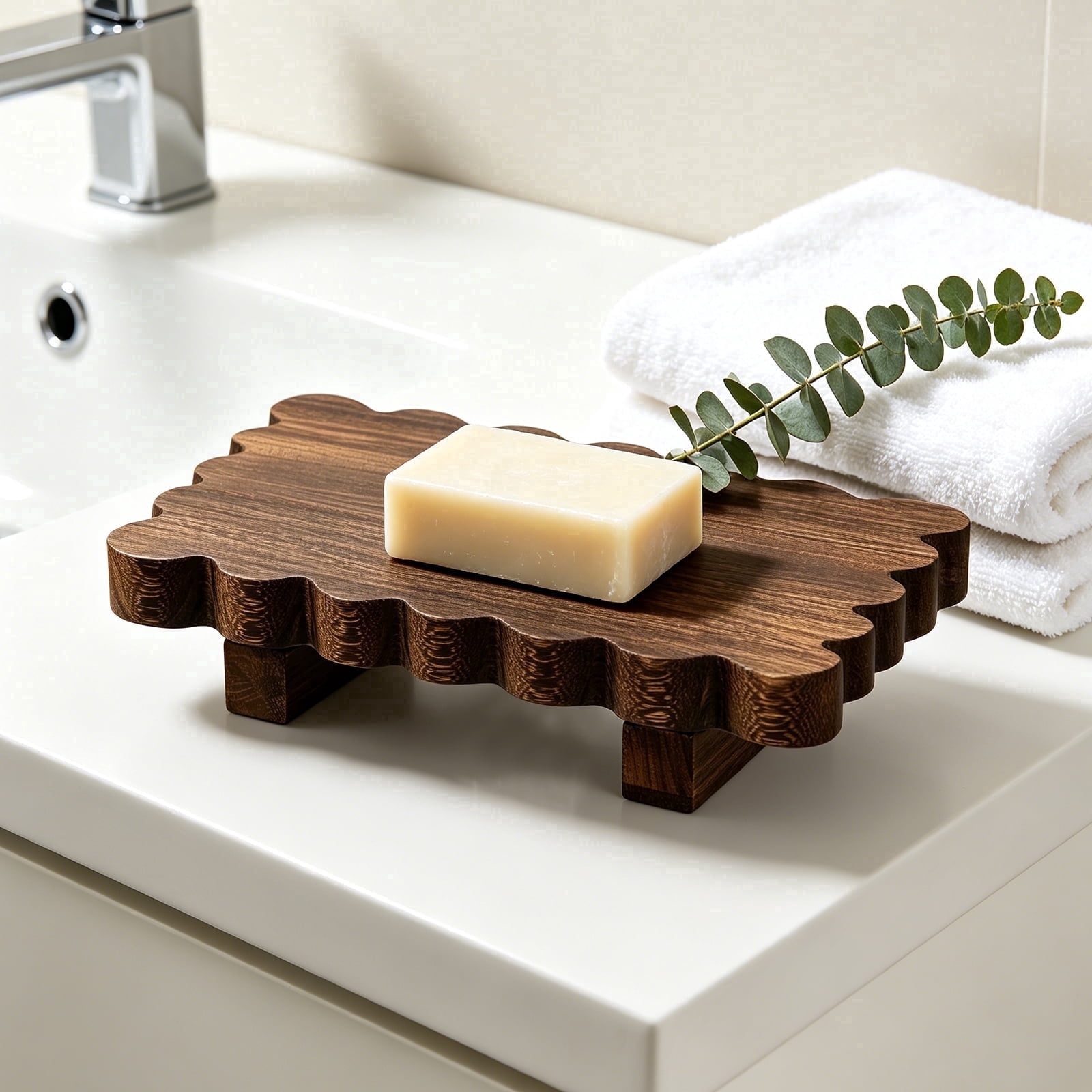Lzvxtym Wood Risers for Decor Display,Bathroom Counter Sink Decor,Scalloped Soap Tray for Bathroom Kitchen Countertop,8.7 x 5.9 x 1.6 inches