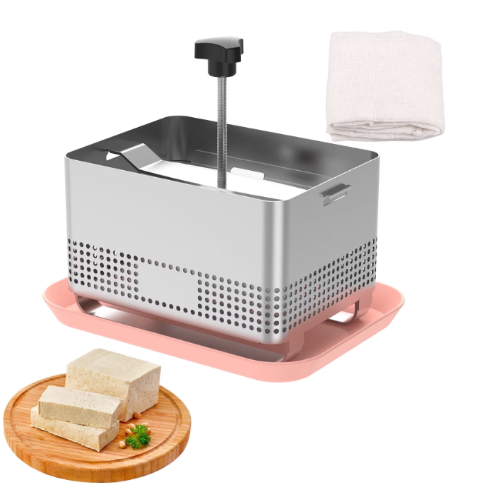 Qenwkxz 304 Stainless Steel Tofu Press and Paneer Maker with Drip Tray, Reusable Press Cloth, Manual Cheese Mold Press