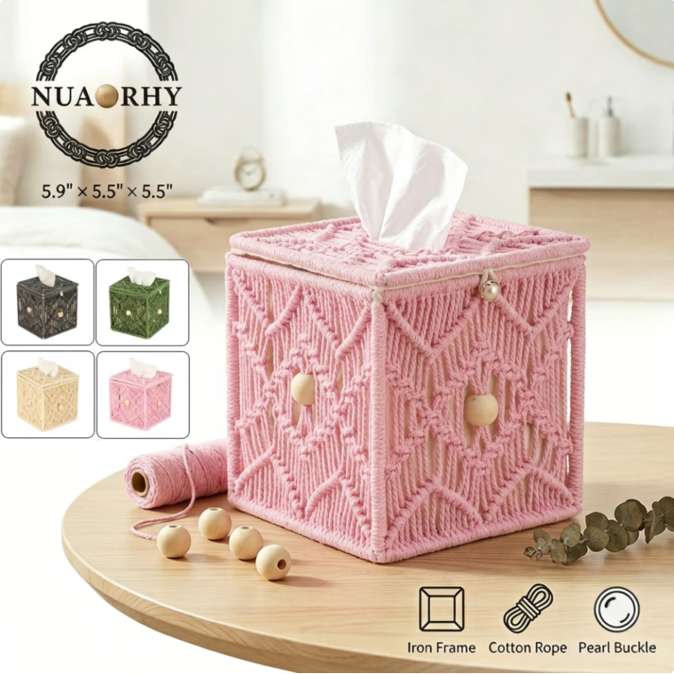 Square Tissue Box Cover Macrame Boho Handmade Woven Tissue Holder with Solid Iron Frame Open-Bottom Pink