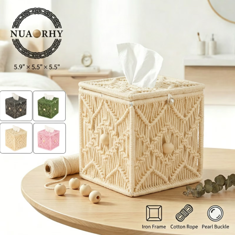 Square Tissue Box Cover Macrame Boho Handmade Woven Tissue Holder with Solid Iron Frame Open-Bottom Off-White