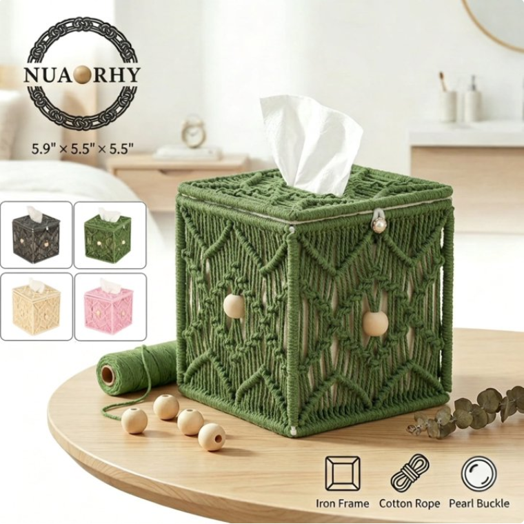 Square Tissue Box Cover Macrame Boho Handmade Woven Tissue Holder with Solid Iron Frame Open-Bottom Dark Green