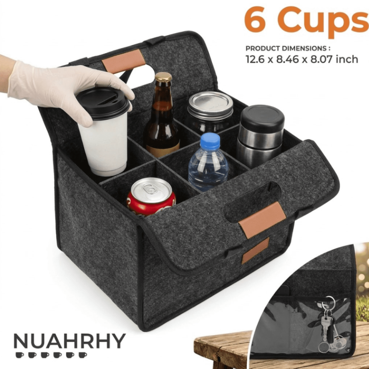 Drink Carrier Bag 6-Cup, Insulated Reusable Caddy with Foldable Handle, Felt Drink Holder Bag for Car and Delivery, Dark Gray