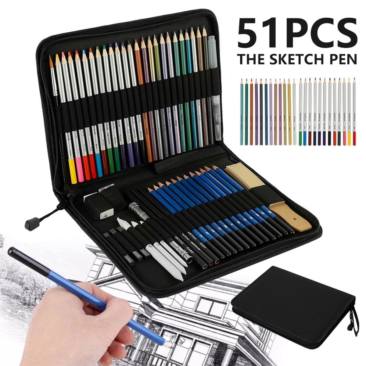 Keyohome 51Pcs Drawing Kit Wood Pencil Sketching Pencils Art Sketch Painting Supplies Complete Set of Art Pencils Arts Supplies Holiday Gift