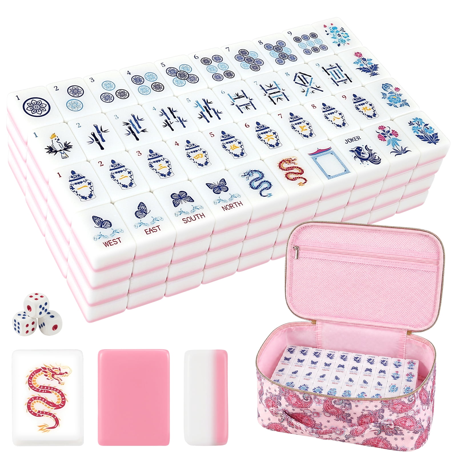 Keyohome American Mahjong Tile Set, American Mahjong Game Set with Storage Bag & Dice, 3D Engraved Melamine Pink Mahjong Tiles for Adults, Friends and Family Game, 1.2", Blue Porcelain Theme