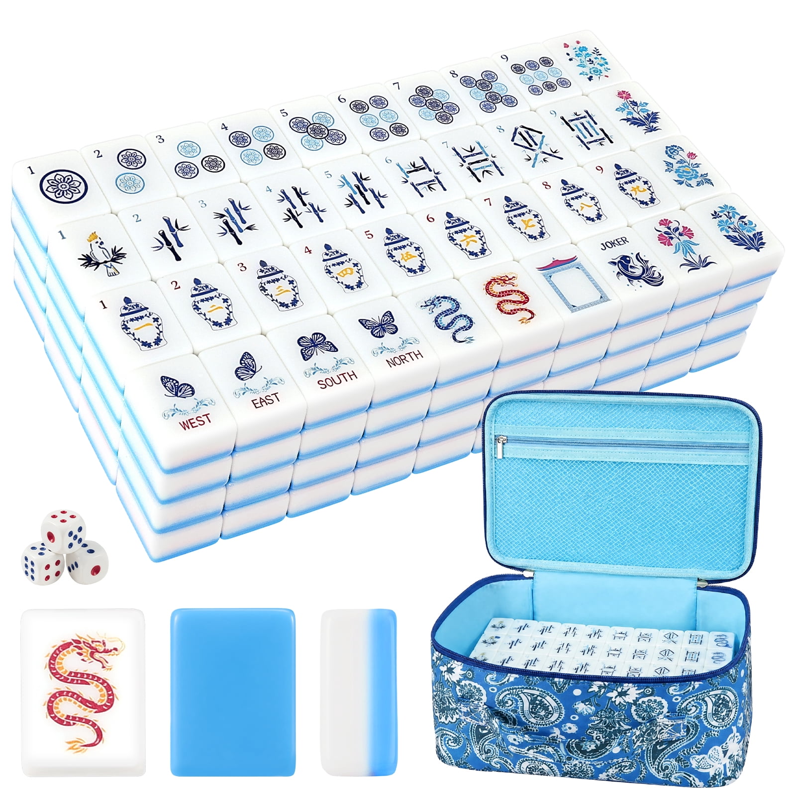 Keyohome American Mahjong Tile Set, American Mahjong Game Set with Storage Bag & Dice, 3D Engraved Melamine Blue Mahjong Tiles for Adults, Friends and Family Game, 1.2", Blue Porcelain Theme