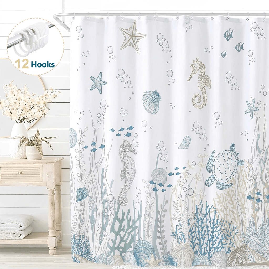 Dznils Nautical Coastal Fabric Shower Curtain, Blue White Bathroom Curtain with 12 Hooks, 72" x 72"