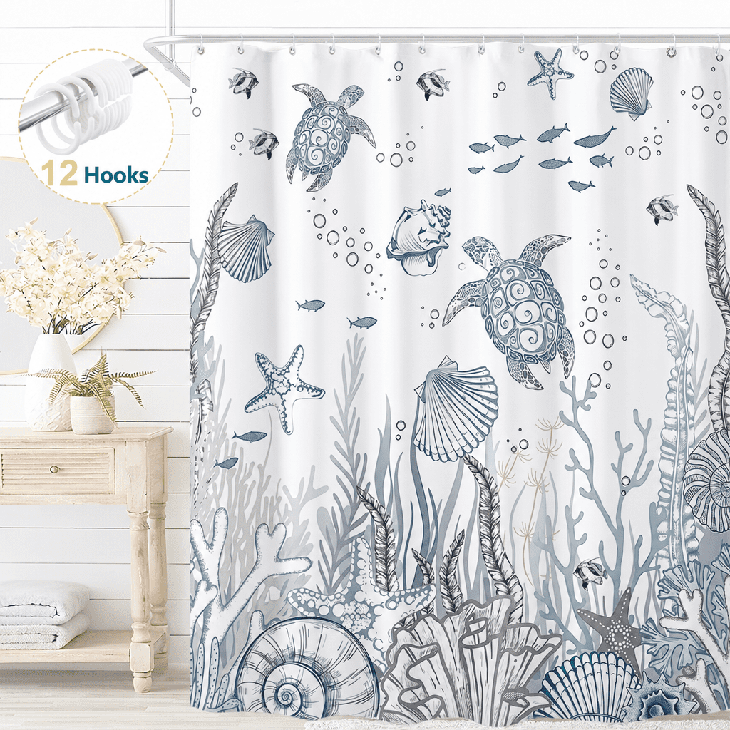 Dznils Nautical Coastal Fabric Shower Curtain, Blue White Bathroom Curtain with 12 Hooks, 72" x 72"