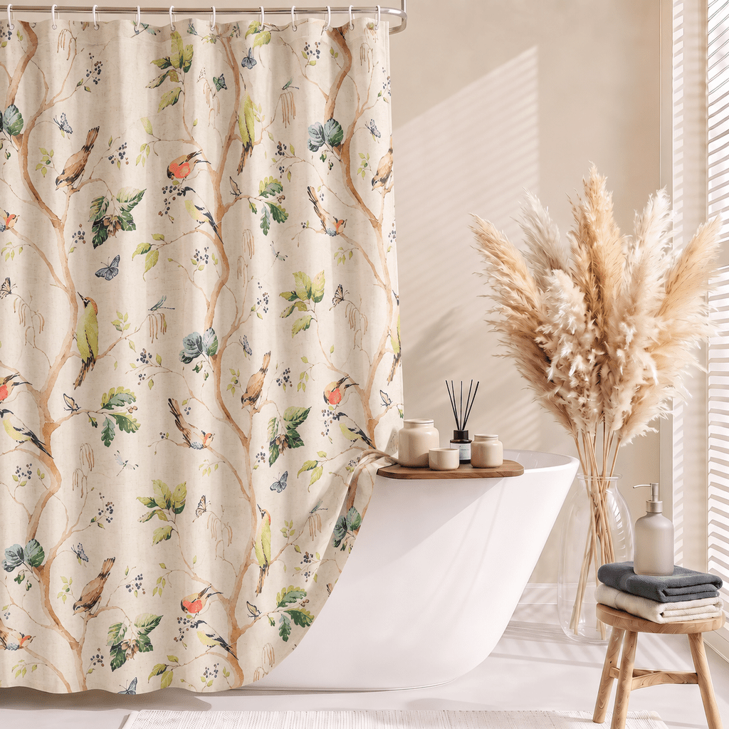 Dznils Linen Blend Shower Curtain, Farmhouse Bathroom Bird Shower Curtains, French Country Cottagecore Bathroom Decor, 72" x 72"